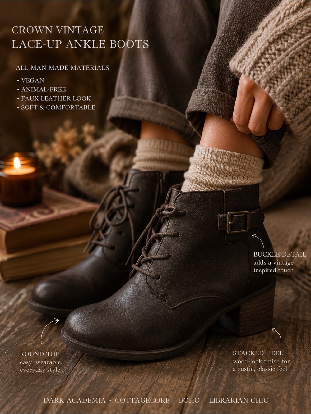 Crown Vintage Vegan Lace-Up Ankle Boots Cottagecore Dark Academia Boho Size 8 - Picture 2 of 7